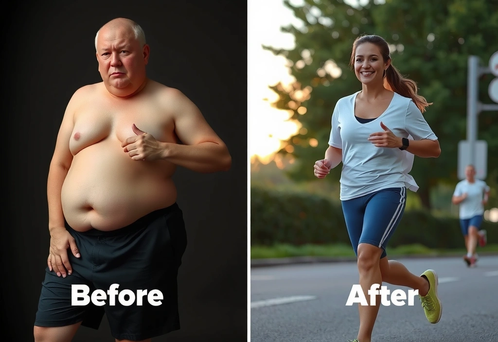 Vorher-Nachher-Bild einer Person, die deutlich an Gewicht verloren hat und jetzt aktiv Sport treibt